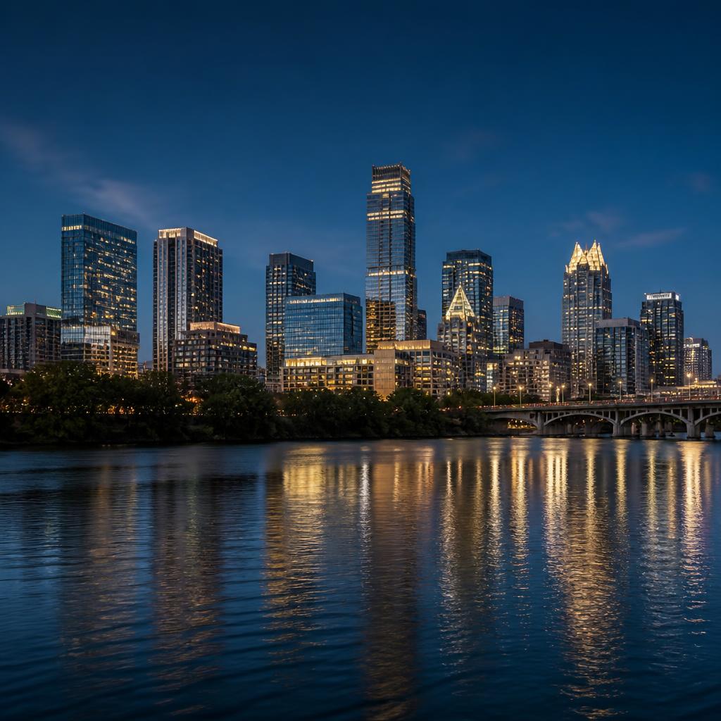Austin, Texas skyline at dusk across Lady Bird Lake